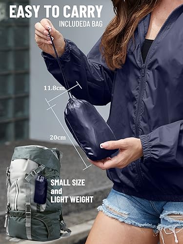 PITINAN Rain Coats for Women Lightweight Waterproof Jackets for Women Hooded Raincoat Packable Rain Jacket for Women Waterproof with Hood Windbreaker Navy Blue L
