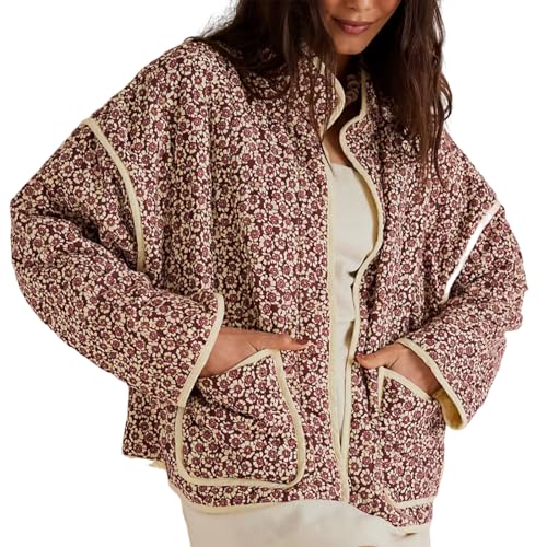 Yimoon Women's Cropped Puffer Quilted Jacket Vintage Floral Print Open Front Lightweight Short Jacket Outwear