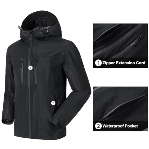 CAMEL CROWN Men's Waterproof Shell Jacket Windbreaker Hooded Rain Coat for Outdoor Hiking Climbing Traveling Black XXXL