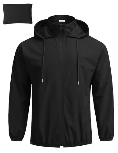 COOFANDY Mens Packable Rain Jacket with Hood Breathable Rain Jacket Big and Tall for Running Cycling Black