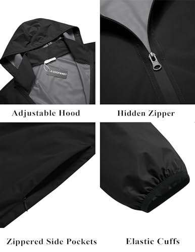 COOFANDY Mens Packable Rain Jacket with Hood Breathable Rain Jacket Big and Tall for Running Cycling Black