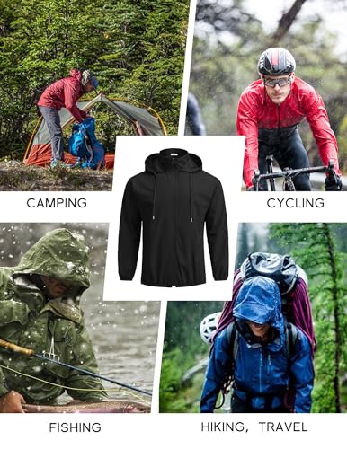 COOFANDY Mens Packable Rain Jacket with Hood Breathable Rain Jacket Big and Tall for Running Cycling Black