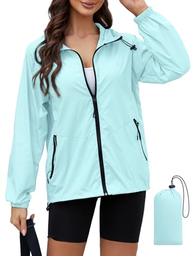 CRIPOM Womens Jacket With Hood Waterproof Lightweight Packable Rain Coats For Women Outdoor Raincoat With Pockets Blue L