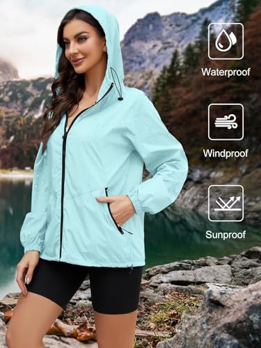 CRIPOM Womens Jacket With Hood Waterproof Lightweight Packable Rain Coats For Women Outdoor Raincoat With Pockets Blue L