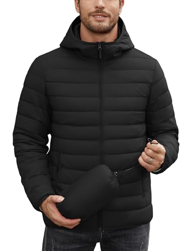COOFANDY Men's Black Puffer Jacket Lightweight Packable Hooded Puffy Winter Jackets for Running Travel