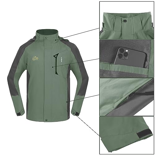 TEZO Mens Rain Jacket Waterproof with Hooded Hiking Coat Lightweight Windbreaker(AG/GY XL)