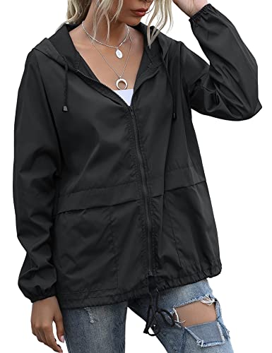 JMinger Waterproof Rain Jackets for Women Hooded Windbreaker Lightweight Raincoat for Outdoor Hiking Travel Black Large
