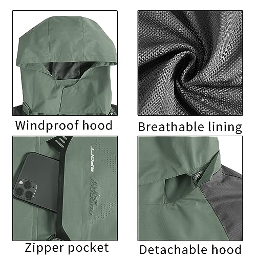TEZO Mens Rain Jacket Waterproof with Hooded Hiking Coat Lightweight Windbreaker(AG/GY XL)