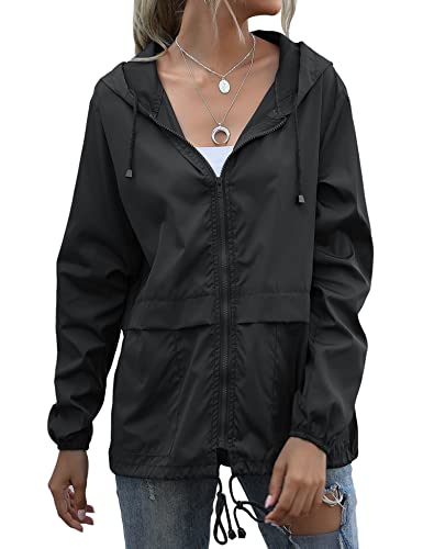 Muzeca Rain Jackets for Women Waterproof Lightweight Windbreaker Rain Coats with Hood Active Packable Raincoat Black Medium