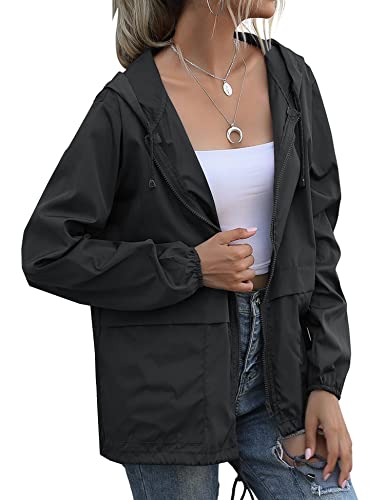 JMinger Waterproof Rain Jackets for Women Hooded Windbreaker Lightweight Raincoat for Outdoor Hiking Travel Black Large