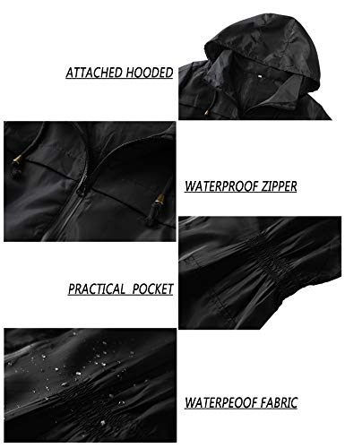 LOMON Women Waterproof Lightweight Rain Jacket Active Outdoor Hooded Raincoat (L, Black1)
