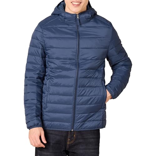Amazon Essentials Men's Lightweight Water-Resistant Packable Hooded Puffer Jacket, Navy, Small