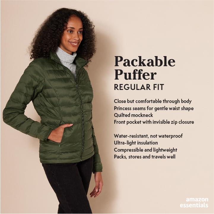 Amazon Essentials Women's Lightweight Long-Sleeve Water-Resistant Packable Puffer Jacket (Available in Plus Size), Navy, Large
