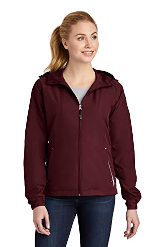 Sport-Tek - Ladies Colorblock Hooded Windbreaker Jacket. LST76,Large,Maroon / White