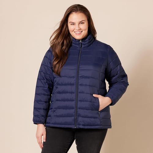 Amazon Essentials Women's Lightweight Long-Sleeve Water-Resistant Packable Puffer Jacket (Available in Plus Size), Navy, Large