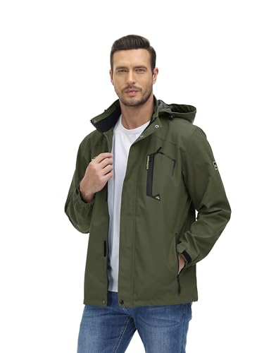 MAGCOMSEN Raincoat for Men Waterproof with Hood Windbreaker Jackets Lightweight Water Resistant Sportswear with Mesh Lining Army Green, L