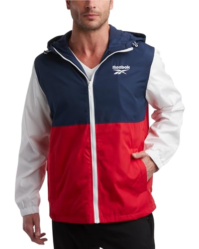 Reebok Men's Jacket - Lightweight Performance Windbreaker - Full Zip Weather Resistant Spring Coat (S-XL), Size Medium, NavyRedWhite