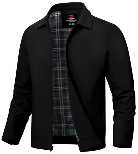 TBMPOY Men's Lightweight Jackets Casual Windbreaker Stylish Light Golf Full Zip Up Work Dress Business Varsity Black L