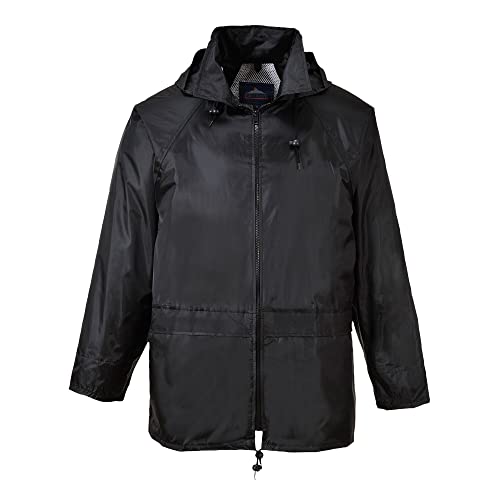 Portwest US440 Men's Waterproof Rain Jacket - Lightweight Durable Hooded Weather Protection Safety Jacket Black, 4X-Large