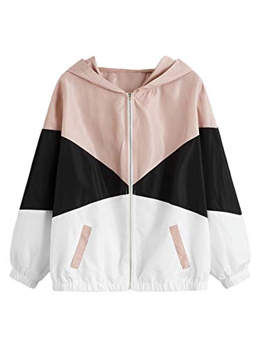 SweatyRocks Women's Casual Color Block Drawstring Hooded Windbreaker Jacket Solid Dusty Pink S