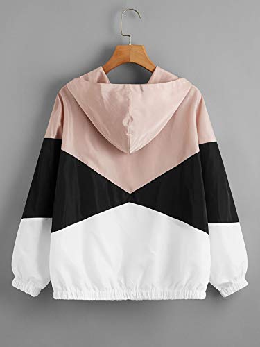 SweatyRocks Women's Casual Color Block Drawstring Hooded Windbreaker Jacket Solid Dusty Pink S