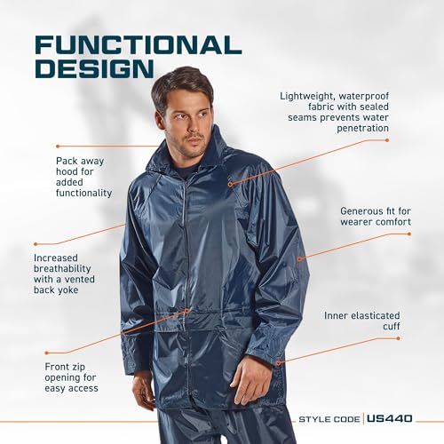 Portwest US440 Men's Waterproof Rain Jacket - Lightweight Durable Hooded Weather Protection Safety Jacket Black, 4X-Large