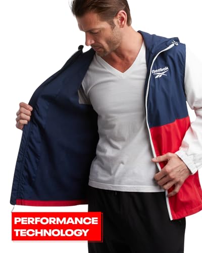 Reebok Men's Jacket - Lightweight Performance Windbreaker - Full Zip Weather Resistant Spring Coat (S-XL), Size Medium, NavyRedWhite