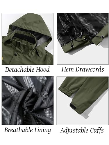 MAGCOMSEN Raincoat for Men Waterproof with Hood Windbreaker Jackets Lightweight Water Resistant Sportswear with Mesh Lining Army Green, L