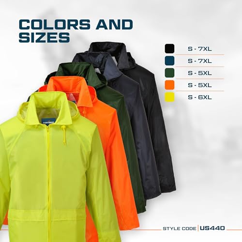 Portwest US440 Men's Waterproof Rain Jacket - Lightweight Durable Hooded Weather Protection Safety Jacket Black, 4X-Large