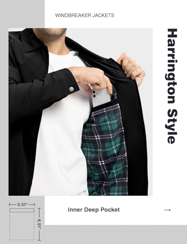 TBMPOY Men's Lightweight Jackets Casual Windbreaker Stylish Light Golf Full Zip Up Work Dress Business Varsity Black L