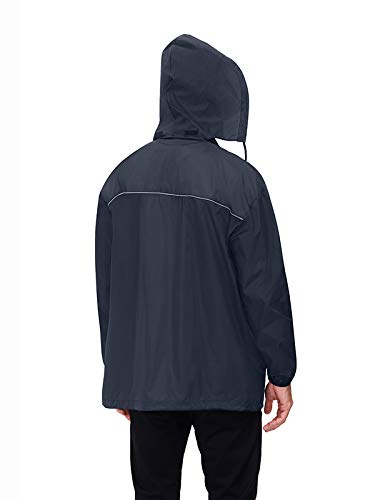 TIHEEN Mens Waterproof Windbreaker Rain Jacket Lightweight Hooded Raincoat Packable Lightweight Rain Coat(Navy,2XL)