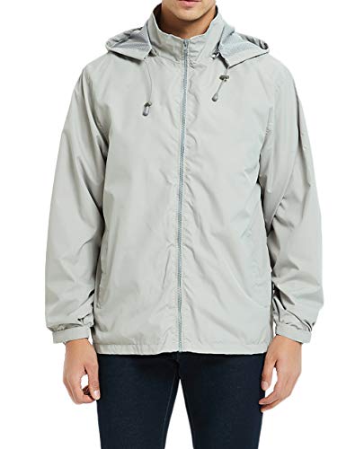MADHERO Mens Lightweight Windbreaker Waterproof Rain Jacket with Removable Hood Light Grey Size XL