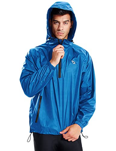 BALEAF Men's Light Running Hiking Rain Jacket Waterproof with Hood Windbreaker Pullover Coats Hoodie Packable Blue Size L