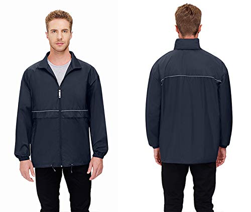 TIHEEN Mens Waterproof Windbreaker Rain Jacket Lightweight Hooded Raincoat Packable Lightweight Rain Coat(Navy,2XL)