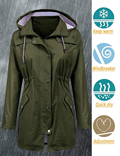 LOMON Raincoat Women Waterproof Long Hooded Trench Coats Lined Windbreaker Travel Jacket Army Green M