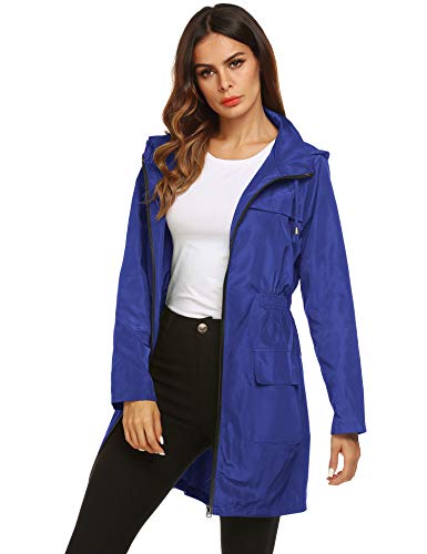 LOMON Women Waterproof Raincoat Hooded Lightweight Windbreaker Outdoor Anorak Jacket Royal blue L