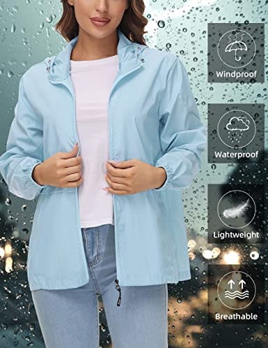 Avoogue Womens Rain Jacket Packable Lightweight Raincoats Waterproof Windbreaker for Women Spring Coat Outdoor Jackets Light Blue M
