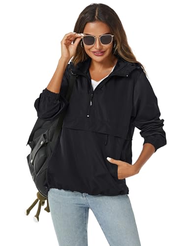 Avoogue Womens Windbreaker Jackets Lightweight Packable Rain Jacket Women Black XL