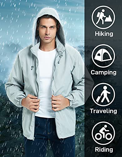 MADHERO Mens Lightweight Windbreaker Waterproof Rain Jacket with Removable Hood Light Grey Size XL
