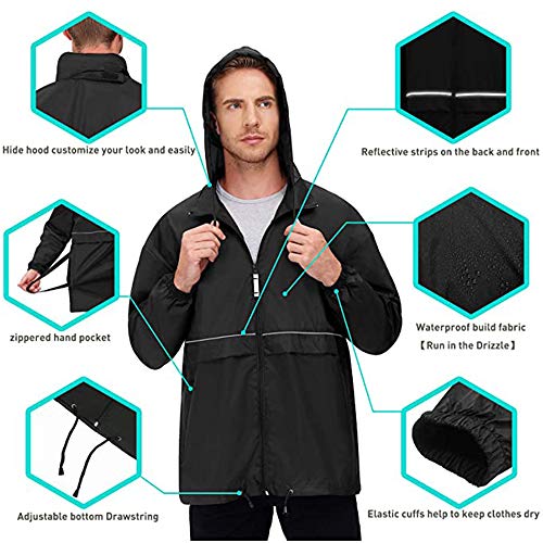 TIHEEN Mens Waterproof Windbreaker Rain Jacket Lightweight Hooded Raincoat Packable Lightweight Rain Coat(Navy,2XL)