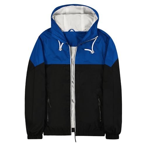 Mywu Blue Black Windbreaker Jacket Men with Mesh Lined for Hiking Travel Lightweight Men Rain Jacket Water Resistant Raincoat L…