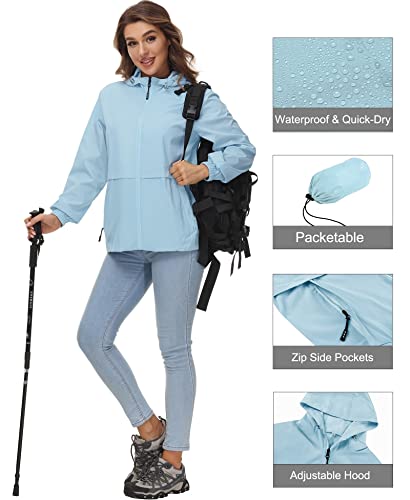 Avoogue Womens Rain Jacket Packable Lightweight Raincoats Waterproof Windbreaker for Women Spring Coat Outdoor Jackets Light Blue M