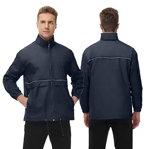 TIHEEN Mens Waterproof Windbreaker Rain Jacket Lightweight Hooded Raincoat Packable Lightweight Rain Coat(Navy,2XL)