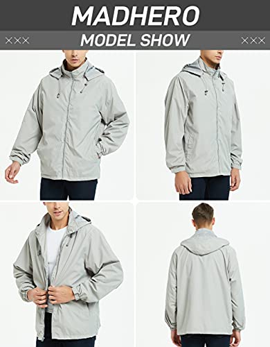 MADHERO Mens Lightweight Windbreaker Waterproof Rain Jacket with Removable Hood Light Grey Size XL