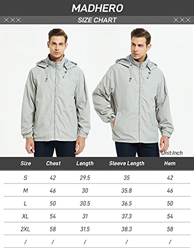 MADHERO Mens Lightweight Windbreaker Waterproof Rain Jacket with Removable Hood Light Grey Size XL