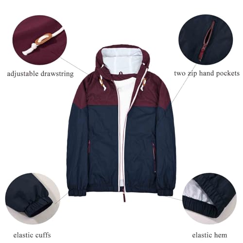 SUNDAY ROSE Men's Waterproof Jacket Breathable Windbreaker Hooded Windbreaker Windproof Rain Coat Shell for Outdoor Burgundy Blue size M