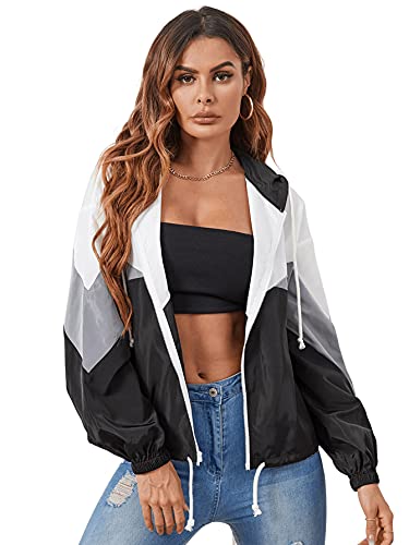 Floerns Women's Color Block Hooded Casual Thin Windbreaker Jacket Dark Multi M