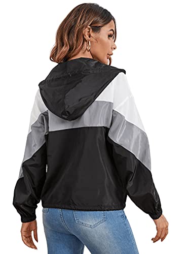 Floerns Women's Color Block Hooded Casual Thin Windbreaker Jacket Dark Multi M