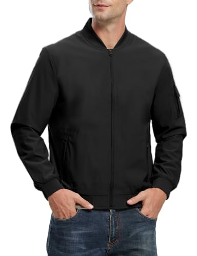 TBMPOY Men's Lightweight Bomber Jackets for Men Windproof Windbreaker Jacket Track Spring Casual Jackets Outdoor Coat Black L