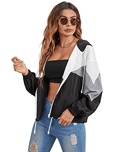Floerns Women's Color Block Hooded Casual Thin Windbreaker Jacket Dark Multi M